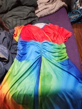 SHEIN Rainbow Gradient Maxi Dress with Ruched Front - Red, Blue, Green, Yellow